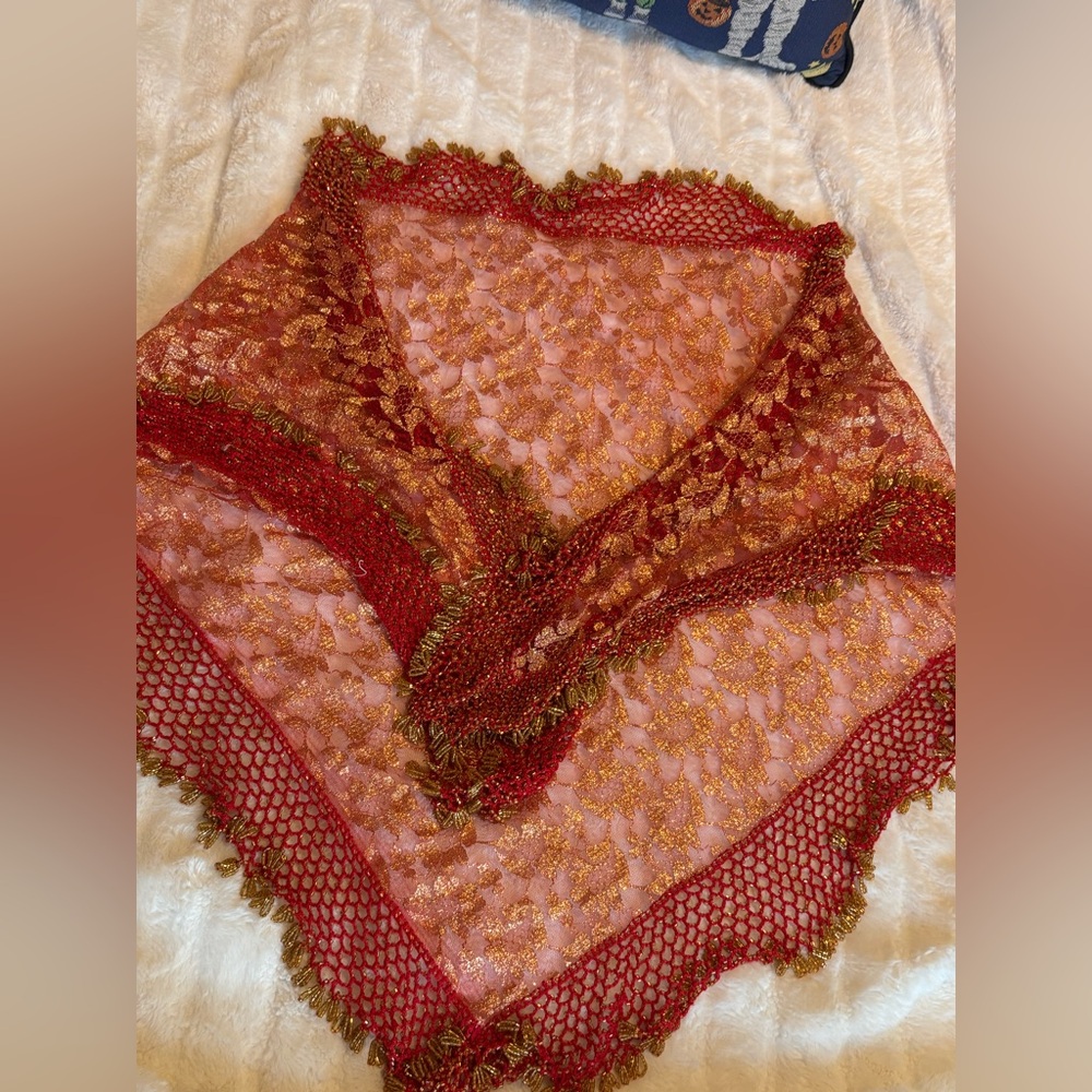 Vintage Red and Gold Lace beaded Shawl